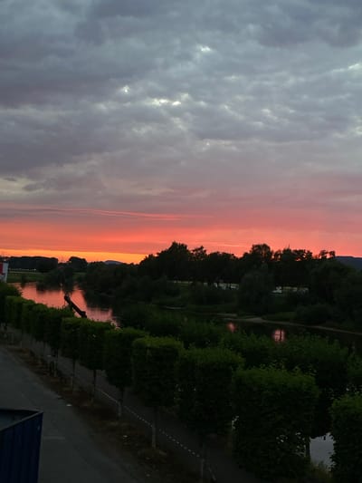 The image depicts a sunset over the Weser River in Rinteln, Germany. The sky is filled with dramatic clouds, transitioning from dark grey at the top to vibrant oranges and reds near the horizon. A river, reflecting the sunset's colors, is visible in the middle ground, flanked by lush green trees on both banks. A line of evenly spaced, manicured trees runs along the river's edge on the left side of the frame, separating it from a paved area and a dark blue dumpster in the foreground. A crane-like structure is partially submerged in the river. The overall scene suggests a peaceful evening in a natural setting within the city.