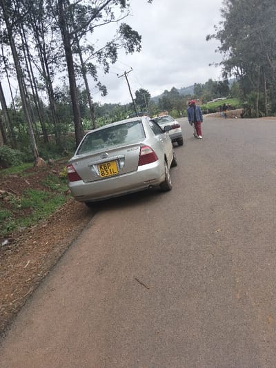 The image displays a rural road scene in Nyansiongo ward, Kenya, under an overcast sky. A silver Toyota sedan, bearing Kenyan registration plate KBP 831L, is parked on the left side of an asphalt road, partially on a dirt shoulder. Directly behind it, a second light-colored sedan is also stationary. A male individual, wearing a red cap, blue jacket, red pants with white side stripes, and white shoes, walks away from the camera on the right side of the road. The environment features tall, slender trees lining the left side of the road, with dense vegetation and distant hills in the background. A wooden utility pole is visible among the trees on the left. Indistinct figures are visible in the far background on the right.