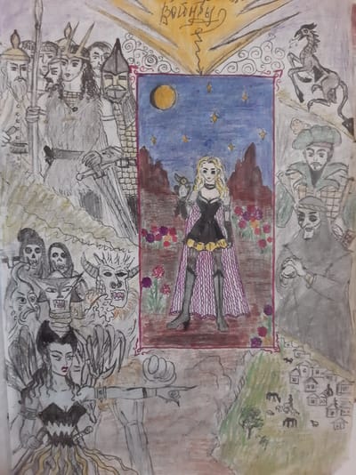 This is a drawing featuring a collage of different scenes and figures. The central image is a woman with blonde hair, wearing a black and purple dress, standing under a starry night sky with a full moon. She is in a rectangular frame decorated with a red border and floral motifs.
To the upper left, a mythical creature resembling a horse with dragon-like features is depicted. Above the central frame, two figures in traditional attire are shown, one wearing a green headdress. To the upper right, a village scene with small houses is illustrated on a hillside.
Below the central frame, a group of warriors in armor, some with helmets and spears, are gathered. To the right of the warriors, a figure with a horned helmet and a skeletal face is visible, alongside several other skeletal figures. Further to the right, a woman with dark hair and red lipstick is depicted, with an arm raised. The overall impression is of a fantastical or mythical narrative. There is some faint text in a yellow burst on the left side of the image, but it is illegible. The drawing appears to be done in colored pencils or crayons.