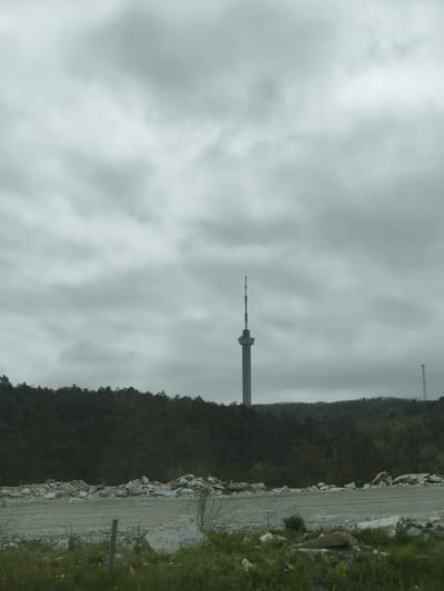 The image depicts the landscape in Verkhnebakanskiy, Russia, under a cloudy sky. The predominant feature is a tall, grey tower, likely a communication or observation tower. It stands behind a line of dark green trees, possibly a forest or large shrubs. In the foreground, there is a dirt or gravel road with scattered rocks and some green grass. A smaller, less prominent tower is visible to the right of the main tower. No people or animals are visible in the image.
