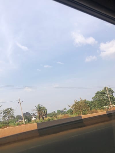 The image depicts a roadside scene in Nwofia, Nigeria, under a clear blue sky with scattered white clouds. In the foreground, the dark asphalt surface of a road is visible, partially obscured by a concrete barrier that spans horizontally across the lower mid-ground. This barrier is light brown with a dark grey stripe along its upper edge. Above the barrier, a strip of undeveloped land is covered with green and dried brown vegetation, including various trees such as tall palm trees and other deciduous types.
In the left-mid distance, behind the vegetation, a light-colored utility pole with a mounted light fixture stands prominently. Three overhead power lines extend horizontally from this pole across the scene. Further back, two residential structures are visible; one is a white building with a dark, steeply pitched roof, and another similar structure is partially obscured. On the far right, a second utility pole is partially visible amongst dense green foliage. No individuals, animals, or vehicles are present within the visible frame of the image. The scene is illuminated by daylight.