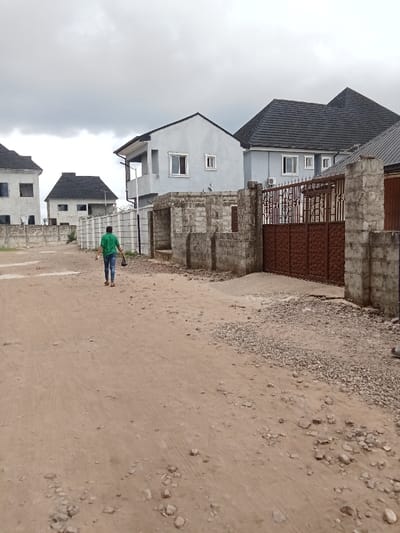 The image shows a dirt road in Ovwian, Nigeria, with a young adult male in a green shirt walking away from the camera. The road is lined with several buildings on both sides. The buildings on the left are two-story structures with white walls and grey tiled roofs. The buildings on the right are also two-story structures with white walls, but they are connected by a single, large brown metal gate. The gate is closed and is a prominent feature in the foreground. The road is unpaved and has a lot of loose rocks and gravel scattered throughout. There is a grey overcast sky in the background.