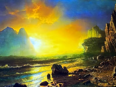 The image presents a highly stylized, digitally rendered or painted landscape depicting a dramatic coastal scene at either sunrise or sunset. The sky transitions from a deep blue at the top-left corner to an intense, radiant yellow and orange across the center and upper right, with visible, textured clouds. A brilliant white and yellow light source dominates the central-left horizon, casting an overwhelming glow.

On the far left, two prominent, somewhat conical mountains are visible, appearing hazy and blue-grey, partially silhouetted against the intense light. The ocean, illuminated by the central light source, displays vibrant greens, yellows, and blues, with highly textured, stylized waves breaking onto a rocky shore. Several dark, irregular rocks are scattered along the beach and partially submerged in the water in the foreground, reflecting the vivid light.

To the right, a rugged, layered cliff formation rises, with a prominent, block-like structure in the mid-ground glowing with an intense green-yellow light. Further to the right, a darker, heavily textured cliff face extends upwards, appearing brown and orange. The entire scene exhibits a distinct, almost woven or pixelated texture, characteristic of digital art.

There are no people, animals, or specific identifiable actions or interactions present within the image. The depicted landscape is a fantastical or imagined scene and does not correspond to any known geographical location within the city of Reus, Spain, which is an inland municipality.