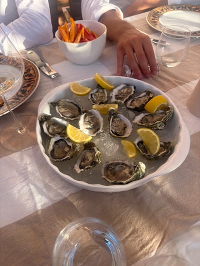An overhead, close-up shot shows a platter of oysters on ice, garnished with lemon wedges, on a table set for a meal. The table is covered with a striped tablecloth. To the left, a wine glass and a plate with a golden rim are visible. In the background, a person's hand is reaching for something on the table, and a bowl of chopped vegetables can be seen. The scene appears to be an outdoor dining setting in Ridderkerk, Netherlands, likely at a restaurant or private residence, suggesting a leisurely meal with fresh seafood.