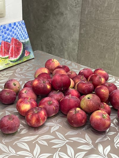 A close-up, eye-level shot shows a pile of red apples on a table with a floral pattern. To the left, a small, colorful painting of watermelon slices is leaning against a white surface. The background consists of a textured wall. The image does not contain any elements that suggest a location in Nachalovo, Russia.