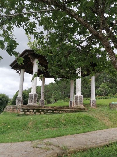 The image shows a covered gazebo with a dark, tiled roof supported by four white pillars. The pillars have stone bases decorated with patterned grey stones. The gazebo is situated on a raised grassy area. In the foreground, there is a stone pathway. Behind the gazebo, a dense forest of pine trees extends up a hill. The sky is overcast and grey. The scene appears to be in a park or recreational area, likely within the city of Xuân Hương - Đà Lạt, Vietnam, given the common presence of pine forests and such gazebos in that region. No people are visible in the image. The overall environment is green and natural, with a slightly weathered appearance to the gazebo structures.