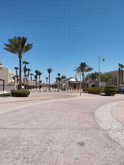 This is a street scene in Hurghada, Egypt, with a clear blue sky overhead. A paved walkway, with a distinct textured pattern of interlocking stone-like shapes in shades of pink and beige, dominates the foreground and curves to the right. To the left, a building with a neutral-colored facade and a few windows is visible, with a well-maintained green bush in front of it. Further down the street, on the left, a line of palm trees and other foliage separates the walkway from the buildings.

The middle ground features a row of streetlights with a classic design, interspersed with more palm trees. A small, dome-shaped structure with the word "PHARMACY" clearly visible on its front is situated to the left of the street. Across the walkway, on the right side, a building with a modern facade is visible, with "Swiss Inn" signage. A dark-colored sedan is parked in front of this building. A row of neatly trimmed hedges and flowering plants runs along the side of the street. The background shows more buildings and palm trees stretching into the distance. The overall impression is a well-maintained, possibly resort or commercial area in a warm climate. There are no people visible in the image.