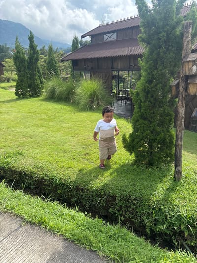 A young boy, wearing a white shirt and khaki shorts, stands on a grassy lawn. A wooden building with a dark roof is visible in the background, partly obscured by a tall, green tree. Additional greenery and a paved path line the edge of the grass. The sky above is partially cloudy. Mountain is visible on the distance. The overall scene depicts a peaceful, outdoor setting.