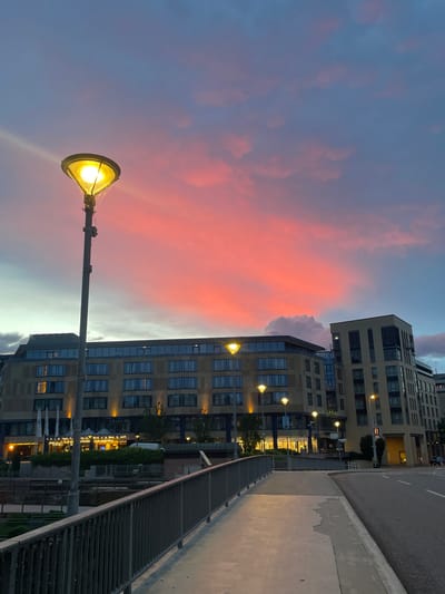 The image presents an urban landscape during either sunrise or sunset, characterized by a strikingly colorful sky. The upper and central left portions of the frame are filled with vivid pink and orange clouds, gradually blending into a softer blue-grey towards the top and bottom. A prominent streetlight with a bright, warm yellow glow is positioned in the foreground on the left, its light partially obscured by what appears to be a spiderweb.

On the right side of the image, several modern, multi-story buildings are visible. These structures feature numerous windows, some reflecting the colorful sky, while others reveal illuminated interiors. The buildings appear to be made of light-colored materials, possibly concrete or stone, with dark window frames.

An elevated road or pathway runs along the right side, parallel to the buildings. A grey metal railing separates this path from a lower area, where glimpses of additional lights, greenery, and other building elements can be seen. The road surface is dark asphalt, with faint white lines.

A small, square sign, likely for parking, is visible near one of the buildings, displaying a white 'P' on a darker background. The overall atmosphere is peaceful and picturesque, highlighting the beauty of the sky against the backdrop of contemporary architecture in Pforzheim, Germany. The artificial lights contribute to a warm, inviting feel as natural light fades or begins to emerge.