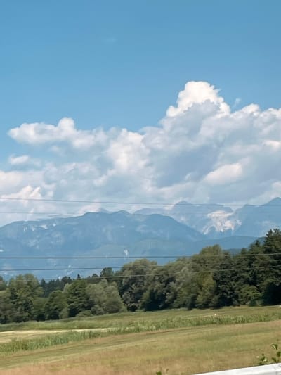 This is a photograph taken from a low angle, looking across a field towards a dense line of trees, with mountains in the background and a blue sky with white clouds above. The field in the foreground is a mix of dry grass and greener vegetation. Power lines are visible in front of the trees and mountains. The mountains are a hazy blue, with some areas appearing rocky and lighter in color, possibly snow-capped or showing rock faces. The sky is a clear blue with scattered, fluffy white clouds. The overall impression is a natural landscape scene with evidence of human infrastructure (power lines). The location is specified as Krtina, Slovenia. There are no people or specific actions depicted in the image.