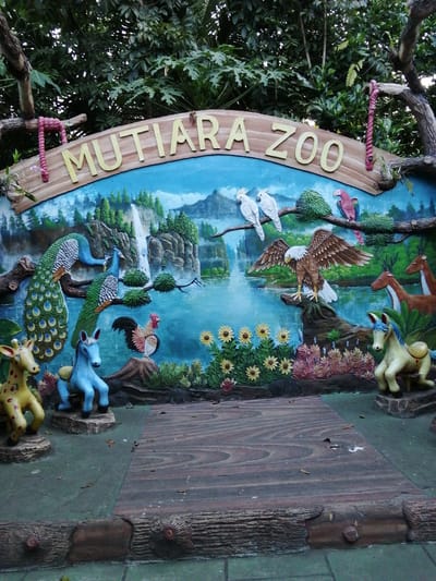 A colorful, sculpted mural depicting "Mutiara Zoo" is displayed at an outdoor location in Kebonsari, Indonesia. The mural is set against a backdrop of lush green foliage. The central focus is a vibrant scene of a waterfall cascading into a serene lake, surrounded by pine trees and rocky cliffs. Various animal sculptures are integrated into the mural: two peacocks are perched on branches, a rooster stands proudly, and an eagle with outstretched wings is captured mid-flight above a rock. White cockatoos and a pink parrot are also depicted on a branch. In the foreground, to the left, a yellow giraffe sculpture with brown spots sits on a rock, next to a blue horse sculpture. To the right, two brown deer sculptures are visible, and a cream-colored horse sculpture sits on a rock. The mural is framed by a wooden sign with the words "MUTIARA ZOO" in large, yellow, raised letters. The area in front of the mural features a wooden-plank-like floor, with a green ground cover surrounding it. The overall presentation suggests a playful and inviting entrance to a zoo.