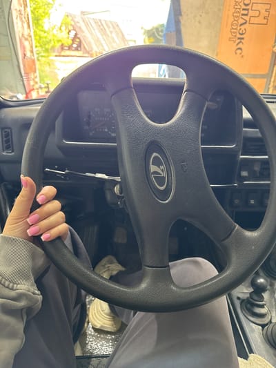The image shows a close-up view of a person's hands on the steering wheel of a car. The person's left hand is resting on the steering wheel, with their thumb extended upwards, showing manicured nails with pink polish and white tips. The car's dashboard is visible behind the steering wheel, including the speedometer and other gauges. The interior of the car appears to be a bit worn. Outside the car, through the windshield, a rustic structure with a wooden roof is visible, along with greenery and a brightly lit, possibly sunny, outdoor environment. The overall setting suggests a rural or semi-rural location. The orange sign in the background, with Russian text, indicates the location is likely in Russia. Specifically, it could be in the city of Горный, Russia, given the available context and common Russian urban signage. The car appears to be parked, possibly in a garage or workshop, given the industrial-looking backdrop in the upper right corner.
