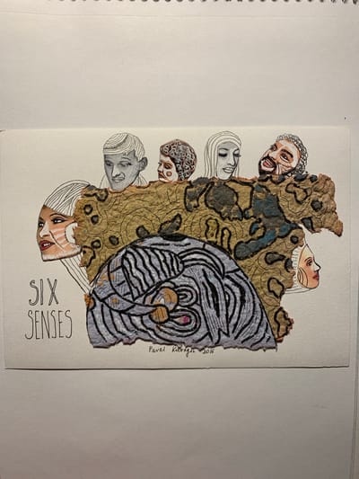 The image depicts a textured, mixed-media artwork featuring six distinct faces emerging from or behind a rough, patterned surface. The faces are drawn in a stylized manner, with varying expressions and ethnic features. Some faces have distinct hair treatments, while others appear bald. The patterned surface is rendered in earthy tones with dark, irregular shapes that resemble a leopard print or camouflage. A portion of this surface is overlaid with a section of fabric or paper with a black and white striped pattern, possibly representing a garment or abstract element. The artwork is presented on a white, textured paper, likely a postcard or a sheet from a sketchpad, with a spiral binding at the top edge. Text in black ink at the bottom left reads "SIX SENSES," and at the bottom right is a signature and year: "Pavel Kurgin 2016." The artwork does not contain any elements that indicate a specific location in the city of Sergeevo, Russia.