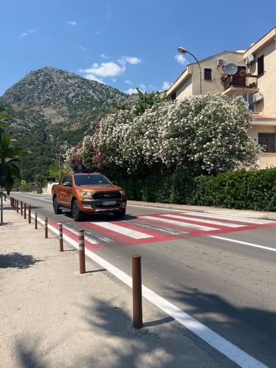 In Risan, Montenegro, on a bright, sunny day, an orange Ford Ranger pickup truck drives over a pedestrian crossing on a road bordered by a sidewalk with brown bollards and a lush green hedge. Behind the hedge, a large tree or shrub is in full bloom with abundant white and pink flowers, partially obscuring a cream-colored building with several air conditioning units and satellite dishes. In the background, a rugged, rocky mountain slopes upward against a clear blue sky with scattered white clouds. The pedestrian crossing has red and white stripes painted on the asphalt. The truck's license plate reads "PG HZ 341".