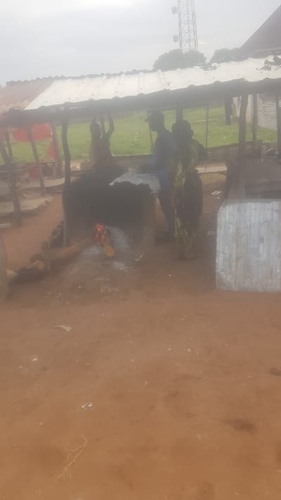 The image, oriented vertically, depicts an outdoor scene under a makeshift shelter. The shelter has a corrugated metal roof and wooden supports, suggesting a simple, possibly rural, setting. The ground appears to be dirt.
In the center of the image, several people are gathered. One person, dressed in dark clothing, is tending to a fire pit where flames are visible. Another person, in a patterned dress, appears to be holding green leaves. Two other figures, partially obscured, are also present. The overall activity suggests food preparation, possibly cooking.
In the background, there is a grassy area, and beyond that, a large metal structure resembling a tower or part of a telecommunications mast is visible, hinting at development or infrastructure in the vicinity. The sky is bright, suggesting daylight, and there are no clear indicators of specific weather conditions, though the lighting is somewhat diffused.
The scene evokes a sense of daily life and community activity. The details are somewhat blurred, potentially due to motion or image quality, but the focus remains on the people and the cooking activity within the shelter. No text is discernible in the image. Given the location context of Wukari, Nigeria, the scene likely represents a common livelihood or social gathering in that region.