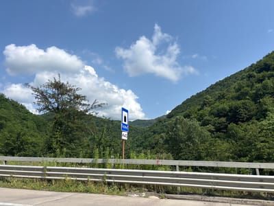 The image depicts a roadside scene in a mountainous, forested region, likely in Achara, Georgia. A metallic guardrail runs horizontally across the foreground, separating the road from the vegetated embankment. A signpost stands to the right of the center, displaying two signs. The upper sign is a blue rectangular sign with a white outline of a tunnel and the text "420m" below it. The lower sign is a white square with a blue border and the letter "F" followed by "43" in blue. The background is dominated by lush green, densely forested hills under a bright blue sky with scattered white clouds. A single tree with sparse foliage is visible to the left, in front of the hills. The lighting suggests it is daytime, likely midday, with clear weather conditions. There are no people or vehicles visible in the image.