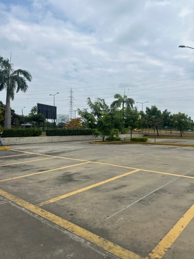 The image displays an outdoor urban-suburban scene within Milagro, Ecuador, under an overcast sky. The foreground is dominated by a concrete parking lot marked with faded yellow lines delineating multiple empty parking spaces and a yellow-painted curb line. The concrete surface shows areas of discoloration and wear. A lone individual, partially visible on the far left, is wearing blue pants and light-colored shoes, walking towards the left edge of the frame.

A low, unpainted concrete retaining wall topped with a dense, neatly trimmed green hedge separates the parking lot from a higher terrain level. Behind this barrier, various trees and green shrubbery are present. Prominently centered in the midground is a large, empty, black rectangular billboard. To its left and behind it, a tall, gray metal electricity transmission tower stands, with multiple power lines stretching horizontally across the upper portion of the image.

Further into the background, beyond additional trees and green spaces, indistinct structures are visible, including a building with a blue and white facade. A paved area with yellow ground markings, possibly indicating additional parking or pathways, and fragmented playground equipment (including yellow slides) are discernible. Two streetlights, one on the far right and another near the billboard, are visible. The sky is largely covered with uniform, light gray clouds.