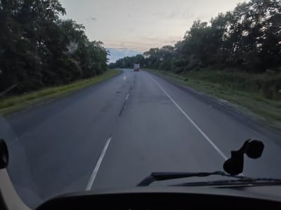 The image depicts a view from inside a vehicle, looking out at a highway in the early morning or late evening, as indicated by the soft, diffused light. A white truck is visible in the distance, traveling in the same direction. The highway is surrounded by dense, dark green trees on both sides. The sky is a pale, overcast gray with hints of pale orange near the horizon. The perspective suggests the vehicle is moving, as evidenced by the slight blur of the trees. There are a few smudges on the windshield, obscuring parts of the view. The dashboard and part of a windshield wiper are visible in the foreground. The location is identified as Virga, Russia.