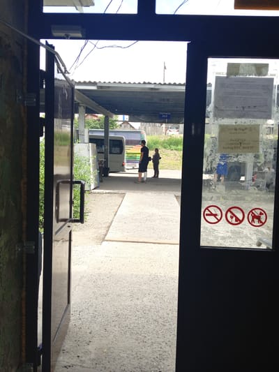 This image shows an open door leading to a bus stop or transportation hub in Pavlovsk, Russia. The door is dark brown with a handle. Through the doorway, a paved walkway is visible, leading towards a covered platform where a bus is parked. There are two people standing near the bus, a man in a black t-shirt and shorts, and a woman in a darker outfit. The bus is white with colored stripes on the back. A sign overhead indicates "ПЛАТФОРМА №2" (Platform No. 2). On the glass of the door, there are three red circular prohibition signs: one with a cigarette, one with a glass and bottle, and one with a dog. Faded posters or notices are also affixed to the glass. The environment appears to be outdoors on a cloudy day.