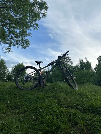 A bicycle is lying on its side in a grassy field. The sky is partially visible with scattered clouds and tree branches. The bicycle's rear tire and gears are prominently displayed. It is not possible to confirm the location is Staraya Sloboda, Russia, based on the image alone. No people are visible.