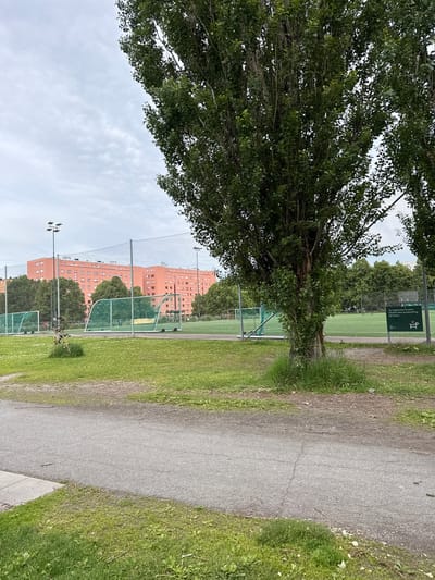 The image depicts an outdoor scene with a large tree in the foreground, partially obscuring a view of a sports field. The sports field, with green turf and netting, features several goal structures. In the background, there are tall apartment buildings with orange facades and numerous windows, suggesting an urban residential area. Lighting poles are visible near the sports field. A sign with text and graphics is present near a fence on the right side of the image. The sky is overcast. The scene appears to be a public park or recreational area within a city.