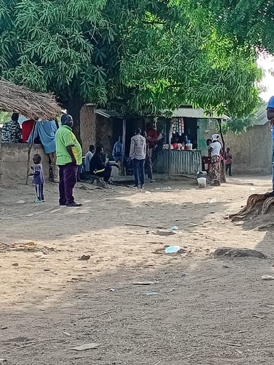 This image depicts a bustling outdoor scene in Nata-Ala, Nigeria. The foreground consists of an unpaved, sandy dirt ground littered with scattered debris, including plastic bottles.
In the midground, a small, open-fronted shop or kiosk is visible, constructed with mud or earthen walls and topped with a corrugated metal roof. The shop features a corrugated metal counter and shelves displaying various packaged goods. A large, leafy green tree, likely a mango tree, provides dense shade over the shop and surrounding area.
Approximately 15-20 individuals are present. On the left, a man in a lime green shirt and dark pants stands, facing right, with a small child in a blue and white striped shirt and blue shorts standing beside him. Further left, several people are seated or gathered under a thatched lean-to structure, near a low wall. Around the shop, multiple individuals are standing and interacting. One man in a patterned shirt stands near the shop counter. A woman in a patterned skirt and white top is positioned to the right of the shop, with containers at her feet. Other adults are seen sitting on a low bench or platform in front of the shop, or standing within its vicinity.
In the background, additional mud-walled structures with corrugated metal or thatched roofs are visible. The overall environment suggests a communal gathering and commercial hub within a rural or semi-urban setting.