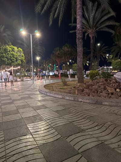 The image depicts a nighttime scene along a promenade, likely in Sant Antoni de Portmany, Spain. The perspective is from ground level, looking down a walkway paved with large, rectangular tiles featuring a wave-like pattern. To the left of the walkway, palm trees are prominent, their fronds silhouetted against the dark sky. Streetlights, casting a warm glow, illuminate the scene, and some appear to be mounted on poles that extend over the walkway. In the background, more palm trees and some greenery are visible, along with the lights of buildings or shops, suggesting a lively area.

Two people are walking away from the camera on the right side of the promenade. The person in front is wearing a white top and denim shorts, while the person behind them is wearing a white top and dark bottoms. Their postures suggest a casual stroll. The lighting creates soft shadows on the tiled ground. The overall atmosphere is peaceful and inviting, typical of a warm evening in a coastal town. The time of day is clearly night, indicated by the dark sky and artificial lighting. The weather appears to be clear. There is no visible text in the image.