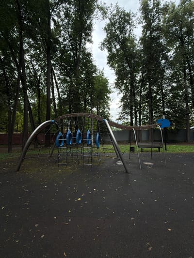An outdoor playground in Malakhovka, Russia, features a large, multi-component climbing structure with blue rings. The structure is made of metal poles and a wooden frame, with ropes forming a net. To the right of the climbing structure, a wooden bench is visible. The playground surface is black rubberized material, littered with fallen leaves. Tall trees with dense green foliage surround the playground, and a chain-link fence is present in the background. The sky is overcast.