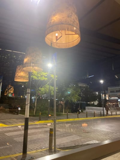 This image presents a nighttime urban street scene in Koridallos, Greece. The foreground is dominated by three large, cylindrical light fixtures, appearing to be made of a natural, possibly bamboo-like, woven material, suspended from poles. These lanterns emit a warm, orange glow.
The street surface below is paved, featuring clear yellow markings and a visible zebra crossing. Several streetlights on tall poles provide bright, artificial illumination, causing noticeable lens flares in the photograph. To the right, a series of bollards separates the paved area from a landscaped section with trees and other foliage, some of which are lit from below, highlighting their green leaves against the dark background.
In the mid-ground, buildings are visible with illuminated windows, suggesting commercial or residential activity. A person can be seen standing near one of these buildings on the right side of the frame, and a scooter or motorcycle is parked among the trees. A blue street sign is present but its text is not legible. The sky is dark, confirming the nighttime setting, and the ground appears somewhat reflective, possibly indicating recent rain or a naturally shiny surface. The scene is quiet, with minimal visible activity beyond the presence of the person and parked vehicle. No discernible text is clearly visible on any signs or buildings.