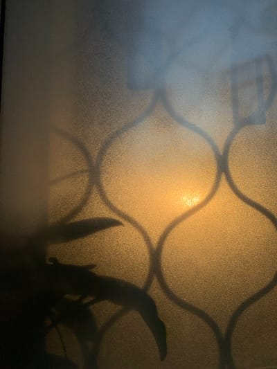 This media file shows a close-up view of a frosted glass pane with shadows cast on it. The glass has a textured, speckled surface that diffuses the light, creating a soft and ethereal effect. A decorative, wavy pattern is faintly visible through the glass, possibly from a window grille or a design on the glass itself.
The main subjects are the shadows, which suggest the presence of objects and possibly a plant. In the center, a bright, golden light source is visible through the glass, hinting at the sun. The shadows on the right appear to be from foliage, with distinct leaf shapes and stems. There are also darker, more abstract shapes that could be parts of a structure or other objects.
The lighting suggests it is either sunrise or sunset, as the light is warm and golden. The frosted glass and diffused light create a sense of privacy and mystery. The overall mood is tranquil and contemplative, with a touch of natural beauty brought indoors through the shadows. There is no visible text in the image. The setting appears to be indoors, looking out through a window.