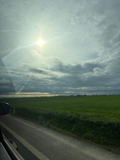 The scene depicts a rural landscape near Moțăței, Romania, observed from the interior of a moving vehicle. The upper left portion of the image features a bright, intense sun partially obscured by scattered clouds, generating a prominent lens flare and illuminating portions of the sky. The sky is largely overcast with multiple layers of clouds ranging from diffuse, high-altitude formations to denser, lower grey stratiform clouds, particularly towards the right and bottom of the sky. The horizon line reveals a distant strip of darker vegetation, possibly trees, with several indistinct structures, potentially buildings or utility poles, faintly visible. The middle ground is dominated by an expansive, uniform field of vibrant green crops, indicative of agricultural land, extending towards the horizon. In the lower left quadrant, a segment of a paved road is visible, marked by a solid white lane line. The immediate roadside consists of a narrow strip of darker, uncultivated ground before transitioning into the cultivated field. A dark vehicle side mirror is present in the extreme lower left, and faint reflections on the vehicle's window are discernible across the image. No individuals are visible. The implied action is vehicular travel through this rural environment.