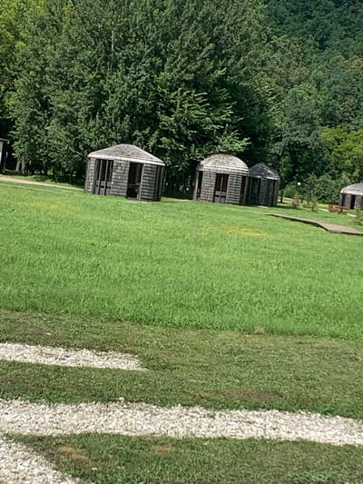 The image shows a park with several small, wooden, open-air shelters on a grassy area. In the foreground, there are striped pathways made of gravel and grass. In the background, a dense forest of green trees forms the backdrop. The shelters are hexagonal in shape with shingled roofs and open entrances. A curved wooden walkway is visible on the grass leading towards the shelters. There are no people visible in the image. The overall impression is one of a serene, natural outdoor space.