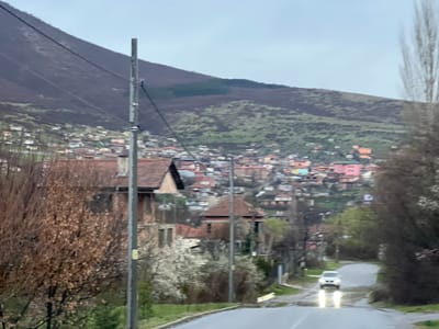 The image depicts a semi-urban landscape in the city of Sotirya, Bulgaria, under an overcast sky. A wet, paved road descends slightly towards the viewer, featuring a large puddle in the midground that reflects the illuminated headlights of a white passenger vehicle, possibly an SUV, traveling uphill.
To the left of the road, a vertical utility pole with multiple wires extends across the frame. Behind the pole and closer to the foreground is a deciduous tree with persistent brown leaves. Further left and slightly set back, multiple residential structures with red-tiled roofs are visible, along with a flowering tree displaying white blossoms.
To the right of the road, a line of tall, bare deciduous trees partially frames the view.
The midground and background are dominated by a densely settled hillside, where numerous houses with roofs of varying colors, including red, orange, green, and a distinctive bright pink structure, are constructed on the lower slopes of a large mountain. The mountain itself occupies the upper portion of the scene, characterized by areas of sparse green vegetation interspersed with darker, possibly rocky or barren, terrain. No individuals are visible. The environment appears damp and cool, consistent with recent precipitation under a subdued sky.