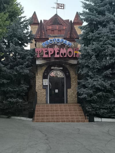 This media file shows the exterior of a restaurant named "ТЕРЕМОК" (Teremok) in Bender, Moldova. The building is designed to resemble a fairytale castle, with turrets, stone accents, and a red-tiled roof. Above the entrance, a blue sign reads "РЕСТОРАН" (Restaurant) in Cyrillic. Below this, large pink letters spell out "ТЕРЕМОК".
The entrance features a large, ornate black double door and is framed by an arched facade. A small yellow sign is visible to the left of the door. Steps made of reddish-brown tiles lead up to the entrance. The restaurant is flanked by large, dark green coniferous trees, which obscure parts of the building and the surrounding area. A black metal fence is visible in front of the trees and to the sides of the steps. The ground in front of the building is paved with cracked grey concrete.
The lighting suggests it is daytime, possibly late afternoon or early morning, as the sky is overcast and the light is soft. There are no people visible in the media file. The overall impression is of a whimsical and somewhat rustic establishment.