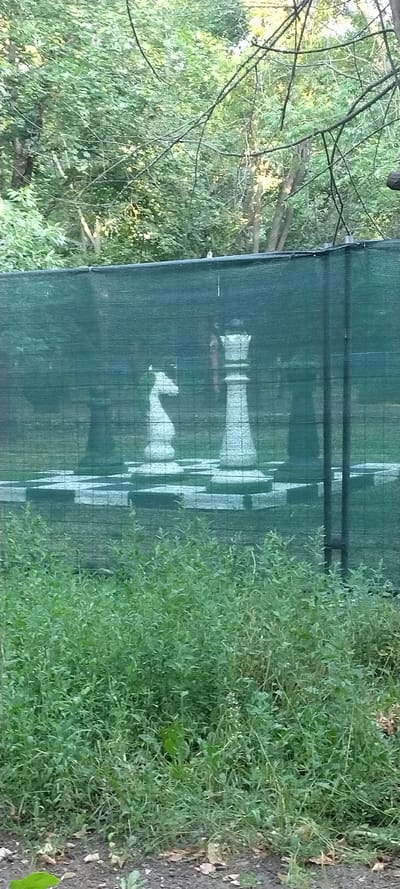 The image shows an outdoor scene with a large, dark green mesh screen in the foreground. Behind the screen, several large white chess pieces are visible. The chess pieces appear to be king and queen figures. The scene is set in a park-like environment with trees and lush green grass. The mesh screen is partially obscuring the view of the chess set, creating a semi-transparent effect. The lighting suggests it is daytime, possibly late afternoon due to the soft sunlight filtering through the trees. The overall mood is calm and serene. There is no visible text in the image. The location is Kropyvnytskyi, Ukraine, which implies the chess set may be a public art installation or part of a park amenity. The arrangement of the chess pieces suggests a game in progress or a display. The presence of the green mesh screen could be for protection or to prevent objects from falling into the playing area.