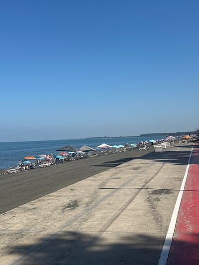 The image shows a sunny day at Ureki, Georgia, a popular Black Sea resort town known for its magnetic sand beaches. The scene is dominated by a clear blue sky and a calm, dark blue sea. The foreground features a paved walkway with a red lane separated by a white line. The walkway transitions into a dark sand beach populated with numerous beach chairs and umbrellas. Several people are visible relaxing on the beach, some under the umbrellas, while others are lying on lounge chairs. The water's edge is lined with more umbrellas and chairs, and some individuals are in the sea. In the distance, a treeline borders the coast, and the horizon is visible with a hazy outline of land. The overall impression is one of a lively and pleasant summer day at the beach.