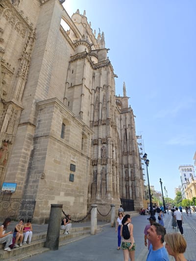 The media file captures a street scene in Seville, Spain, with a prominent Gothic cathedral dominating the left side of the frame. The cathedral's ornate stonework, featuring intricate carvings and statues, suggests it is a historical landmark. The sky is clear and blue, indicating a sunny day, likely midday given the bright sunlight casting shadows.
Several people are visible, engaged in various activities. On the steps leading up to the cathedral, a group of young women are seated, some looking at their phones, others interacting with each other. Further down the street, a diverse crowd of tourists and locals stroll along the sidewalk. Some are looking at the cathedral, others are walking in different directions, and a few are engaged in conversation.
Notable objects include a tall lamppost with multiple lights positioned on the sidewalk, a metal fence in front of the cathedral, and scaffolding in the background, possibly indicating ongoing renovations. A sign with text and images is attached to the fence, providing information about the location or a nearby attraction. Another tall white building with arched windows is visible in the distance on the right side of the frame, adding to the urban setting.
The overall atmosphere appears to be one of casual tourism and daily life. The people's expressions are mostly neutral, suggesting a relaxed and unhurried environment. The bright sunshine and clear sky contribute to a feeling of warmth and pleasant weather. The combination of the grand cathedral and the bustling street creates a strong sense of place, characteristic of a historic European city.