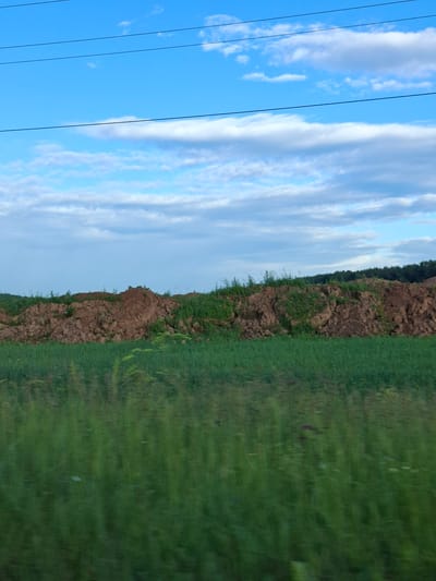The image depicts an outdoor scene under a partly cloudy blue sky. In the foreground, a blurred expanse of green vegetation suggests movement, possibly from a vehicle. Behind this, a large mound of reddish-brown earth is visible, with patches of green growth on its surface. Beyond the earth mound, a line of dark green trees forms a distant horizon. Three thin, dark horizontal lines, likely power lines, stretch across the upper portion of the sky. The image does not provide any visual information that would allow for the identification of the specific location within the city of Чумна, Russia.