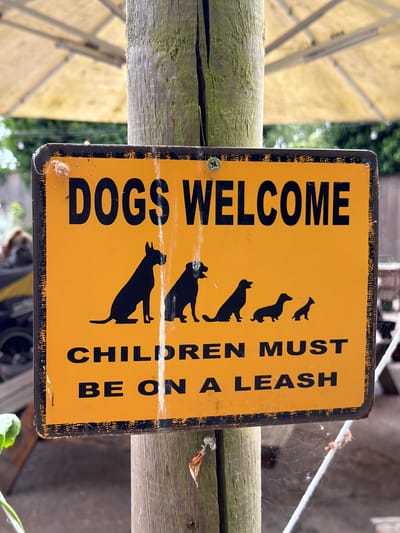 The image shows a yellow and black sign with the words "DOGS WELCOME CHILDREN MUST BE ON A LEASH". The sign is attached to a wooden post. The background includes blurred foliage and a glimpse of what might be an umbrella. The location appears to be an outdoor area, possibly a park or garden. The specific location within Folkestone and Hythe District, United Kingdom, cannot be determined from the image.