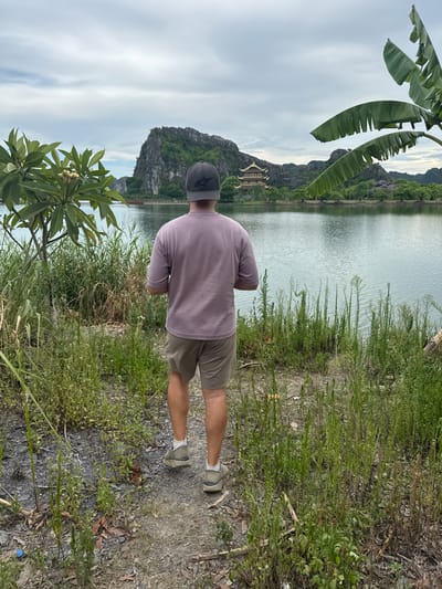 A person wearing a purple t-shirt and khaki shorts stands facing away from the camera, looking out at a wide, calm body of water. The person has a dark baseball cap on and is wearing athletic shoes with white socks. To the left of the person, a plant with broad green leaves and white flowers is visible. On the other side of the water, across the expanse, is a dramatic karst landscape with lush green trees and a distinctive, multi-tiered golden pagoda structure nestled among the rock formations. The sky above is overcast with scattered clouds. The foreground is populated with dense, green vegetation and some dry leaves scattered on the ground. This scene appears to be within the area of Hoa Lư Ward, Vietnam, likely near the Tam Cốc-Bích Động or Trang An scenic areas, known for their similar karst topography and water features.