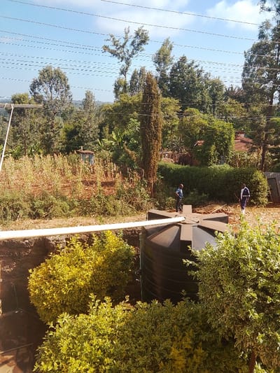 A panoramic view in Karingani ward, Kenya, depicts an outdoor scene under a clear blue sky with scattered white clouds. In the immediate foreground, dense green and yellow variegated shrubs partially obscure the base of a large, black, vertically ribbed polyethene water tank. A white PVC pipe, approximately 10 centimeters in diameter, extends horizontally from the left, connecting to the segmented, star-shaped top surface of the water tank. The tank appears to be partially set into a dark, excavated area.
In the midground, two adult males are observed standing on reddish-brown earth. The male on the left wears a blue collared shirt and dark trousers, positioned near the upper rim of the water tank. The male on the right, standing further back and to the right, wears a light-colored collared shirt, dark trousers, and light-colored footwear, with his hands appearing to be clasped in front of him. Behind the individuals and the water tank, a cultivated field extends, featuring rows of immature crops, possibly maize, growing in the reddish-brown soil. A small, weathered, corrugated metal structure, approximately 2 meters tall, is visible within this field on the far left.
Further back, a dense green hedge forms a boundary, separating the field from an extensive treeline composed of various deciduous and coniferous trees. Portions of residential structures, including a red-tiled roof, are faintly visible through the foliage on the right side of the background. Multiple overhead wires traverse the upper portion of the frame against the sky.