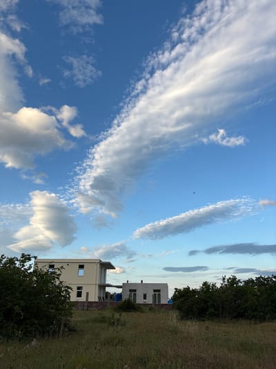 In Chaika, Ukraine, a rural landscape is captured under a vast blue sky filled with a dramatic display of white and grey clouds. The foreground is dominated by dry, tall grass and scattered wildflowers, hinting at a warm season. Two modern, unfinished buildings are visible in the mid-ground. The larger structure on the left is a two-story house with a beige facade, prominent windows, and a cantilevered roof. Adjacent to it, to the right, is a smaller, single-story building with a grey, textured exterior and clean lines. Both structures appear to be under construction or recently completed, with some areas of exposed brick and raw building materials. Dense green foliage, likely trees and bushes, frames the scene on either side, partially obscuring the buildings and separating them from the viewer. A single bird is visible as a small dark silhouette against the sky. The overall impression is one of serene, open space with a touch of modern architecture emerging in a natural setting.