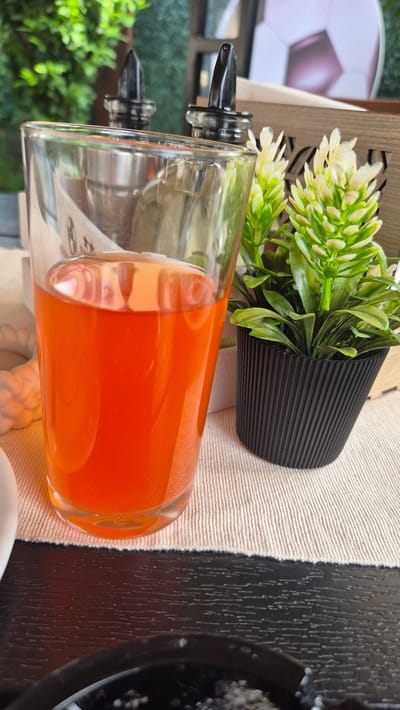 In Ravda, Bulgaria, a close-up shot captures a glass of bright orange liquid, likely juice or a beverage, placed on a textured beige tablecloth. The glass, with its transparent walls, reveals the uniform color of the drink within. To the right of the glass, a small black planter holds a vibrant green artificial plant with white blossoms. In the background, out of focus, are two black pour spouts, suggesting a setting where beverages are served, possibly a restaurant or bar. The overall scene is brightly lit, with natural greenery visible in the distant background, hinting at an outdoor or garden-like environment. The image focuses on the drink and its immediate surroundings, with the rest of the scene blurred.