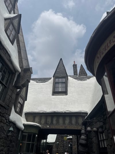The image depicts a street scene with buildings featuring a gothic architectural style and snow-covered roofs, suggesting a fantasy or theme park setting. The sky is overcast with some clouds visible. One building has a sign that reads "DERVISH and BANGES". There are several windows visible on the buildings, some with checkered panes. In the lower portion of the image, glimpses of people can be seen, including one person wearing a hat. The overall atmosphere suggests a detailed and immersive environment, possibly a recreation of a fictional location. The prompt mentions Tongzhou District, China, but the visual elements of the image do not directly support or contradict this location; the architecture appears to be a stylized representation rather than typical Chinese urban architecture.