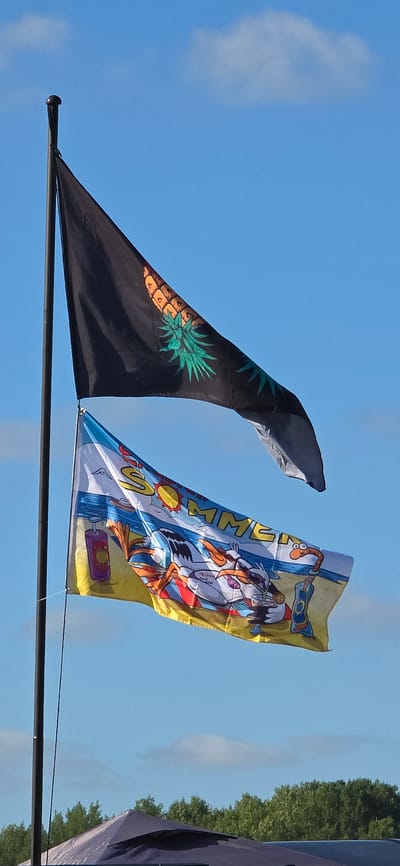 Two flags are displayed on a flagpole against a clear blue sky with scattered white clouds. The top flag is black with a depiction of a pineapple in shades of orange and green. Below it, a second flag is white with a colorful scene. This lower flag features cartoon pelicans in sunglasses on a beach, with the word "SOMMER" (German for "summer") in yellow lettering at the top. The pelicans are depicted relaxing on beach chairs with drinks. A purple sunscreen bottle is visible on the left side of this flag. In the background, a canopy tent and green trees are visible. The scene appears to be outdoors, possibly at an event or festival, in Neustadt-Glewe, Germany, given the context of the question. There are no people clearly visible in the image.