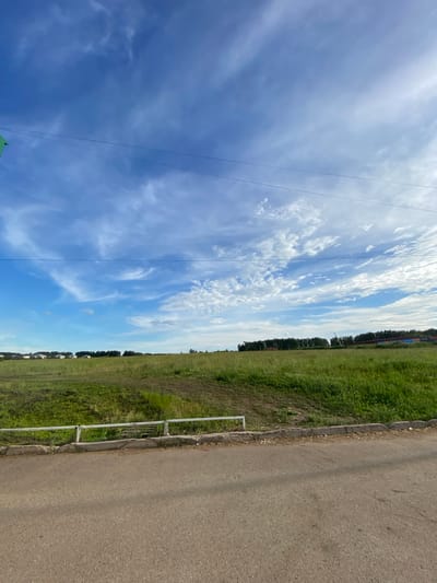 The image captures a rural or suburban landscape under a bright blue sky with scattered white clouds. In the foreground, a paved road runs horizontally across the bottom of the frame, with a concrete curb and a low white metal fence separating it from a grassy field. The field is covered in lush green grass and appears somewhat uneven. In the middle ground, a line of trees forms a dark horizontal band, with a few scattered buildings visible in the distance to the left, suggesting a settlement. The sky is expansive, with wispy white clouds streaking across the blue. There are no people or animals visible in the image. The scene appears to be an undeveloped or semi-developed area on the outskirts of a town or city. It is possible this is a landscape photograph taken in Dyurtyuli, Russia, given the context provided.