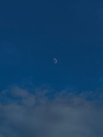 A crescent moon is visible in a deep blue sky, with scattered clouds towards the bottom of the frame. The image appears to be a photograph taken in Kostanay, Kazakhstan, likely during twilight or nighttime, given the presence of the moon and the dark sky. There are no people or man-made structures clearly depicted in the image. The scene is natural and serene.