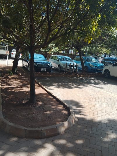 A parking lot shaded by trees contains parked cars, including a black sedan with license plate "KBA 448N," a silver minivan, and a blue car with license plate "KCU 242G." A white car is partially visible on the right. The parking area is paved with light-colored bricks and bordered by a raised curb. Trees cast shadows across the brickwork.