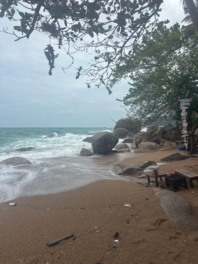 Waves crash on a sandy beach scattered with rocks and debris. Lush green foliage frames the scene on the left, while a wooden table and chairs sit atop the sand on the right, near larger rock formations. The sky is overcast, lending a muted tone to the overall vista.