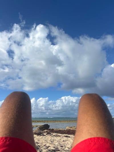 The image depicts a first-person perspective from a supine position on a sandy beach in Le Moule, France. Two human legs, bare and tanned, extend into the lower foreground, partially covered by red swim shorts. Immediately beyond the legs, the environment consists of light brown sand mixed with dark brown seaweed and scattered rocks. Further into the midground, shallow, clear ocean water is visible, with a rocky reef or seabed beneath the surface. In the background, the open ocean shows moderate wave activity, with waves breaking on a distant barrier reef or shore. The upper two-thirds of the image features a bright blue sky with numerous large, white cumulus clouds distributed horizontally across the frame.